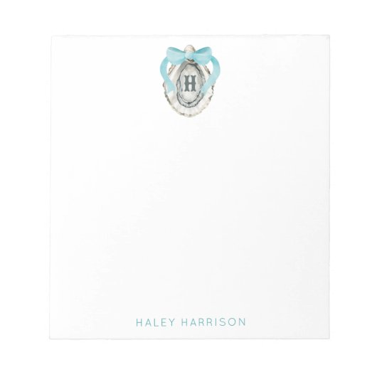 Waterverf monogram Coastal Blue Bow Oyster Notitieblok (Voorkant)