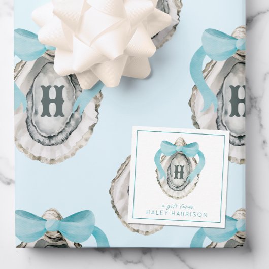 Waterverf monogram Coastal Blue Bow Oyster Notitiekaartje