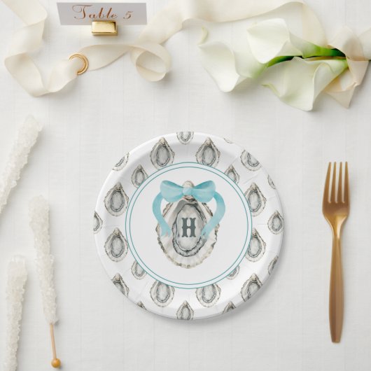 Waterverf monogram Coastal Blue Bow Oyster Papieren Bordje (Huwelijk)
