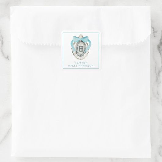 Waterverf monogram Coastal Blue Bow Oyster Vierkante Sticker (Tas)
