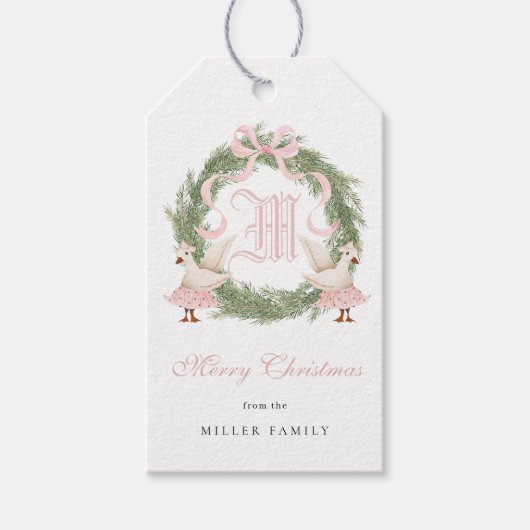 Waterverf Monogram Crest  Krans Kerst Cadeaulabel (Voorkant)