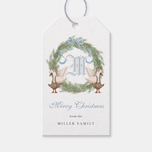 Waterverf Monogram Crest Krans Kerst Cadeaulabel (Voorkant)