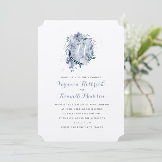 Waterverf Monogram Crest Wedding-uitnodiging Kaart (Staand voorkant)