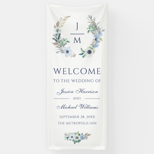 Waterverf Monogram Elegant Floral Wreath Wedding Spandoek (Verticaal)