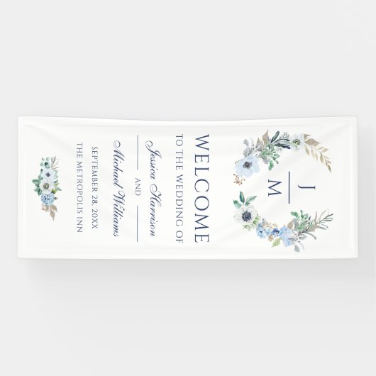 Waterverf Monogram Elegant Floral Wreath Wedding Spandoek (Horizontaal)