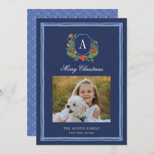 Waterverf Monogram Familie Crest Kerst Feestdagenkaart (Voorkant / Achterkant)