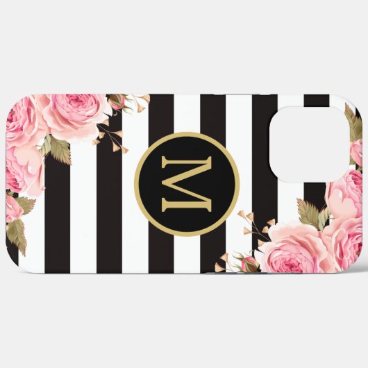 Waterverf Monogram Floral Black en White Stripes Case-Mate iPhone Case (Achterkant (horizontaal))