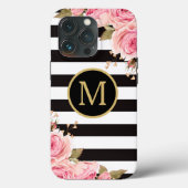 Waterverf Monogram Floral Black en White Stripes Case-Mate iPhone Case (Achterkant)