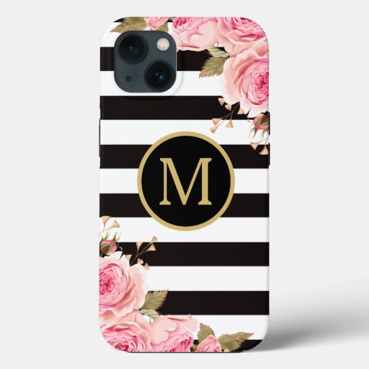 Waterverf Monogram Floral Black en White Stripes Case-Mate iPhone Case (Achterkant)