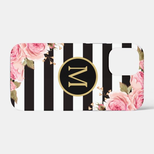 Waterverf Monogram Floral Black en White Stripes Case-Mate iPhone Case (Achterkant (horizontaal))