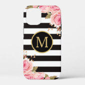 Waterverf Monogram Floral Black en White Stripes Case-Mate iPhone Case (Achterkant)