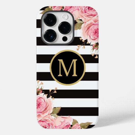 Waterverf Monogram Floral Black en White Stripes Case-Mate iPhone Case (Achterkant)