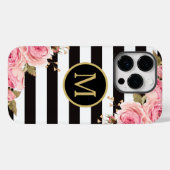 Waterverf Monogram Floral Black en White Stripes Case-Mate iPhone Case (Achterkant (horizontaal))