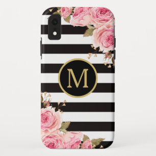 Waterverf Monogram Floral Black en White Stripes Case-Mate iPhone Case