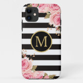 Waterverf Monogram Floral Black en White Stripes Case-Mate iPhone Case (Achterkant)