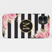 Waterverf Monogram Floral Black en White Stripes Case-Mate iPhone Case (Achterkant (horizontaal))