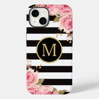 Waterverf Monogram Floral Black en White Stripes Case-Mate iPhone 14 Hoesje