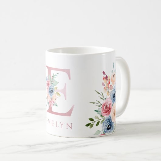 Waterverf Monogram Floral Letter E Coffee Mok (Voorkant rechts)