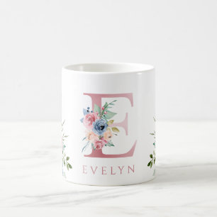 Waterverf Monogram Floral Letter E Coffee Mok