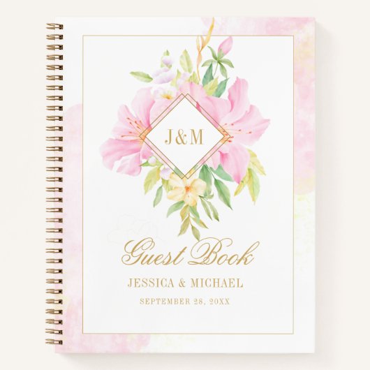 Waterverf Monogram Floral Pink Weddenschap Notitieboek (Voorkant)