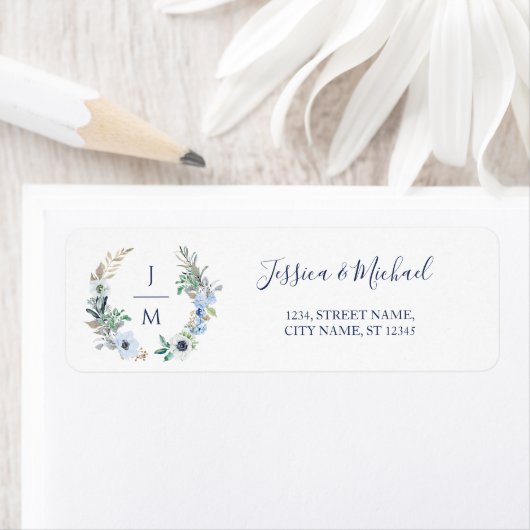 Waterverf Monogram Floral Wreath Wedding Etiket (Insitu)