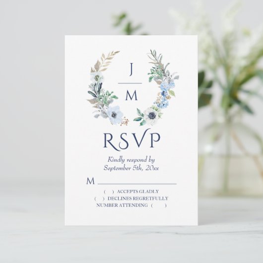 Waterverf Monogram Floral Wreath Wedding Logo RSVP Kaartje (Staand voorkant)