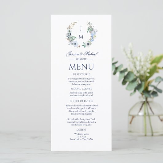 Waterverf Monogram Floral Wreath Wedding Menu (Staand voorkant)