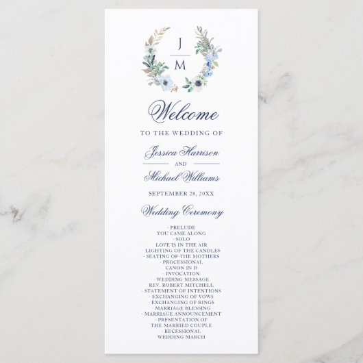 Waterverf Monogram Floral Wreath Wedding Programmakaart (Voorkant)