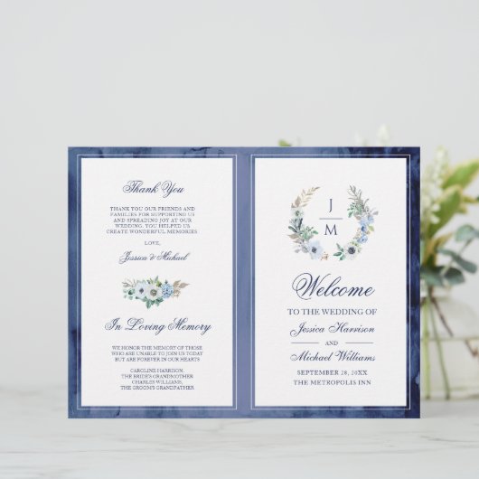 Waterverf Monogram Floral Wreath Wedding Programme (Staand voorkant)