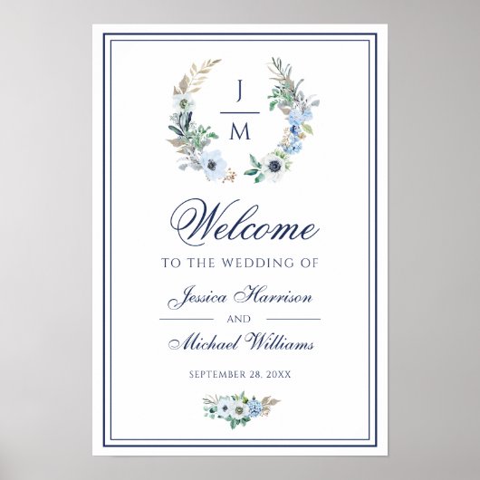 Waterverf Monogram Floral Wreath Wedding Welkom Poster (Voorkant)