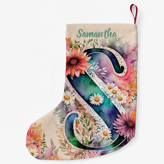 Waterverf Monogram Gepersonaliseerde Bloemen Roos  Kleine Kerstsok (Achterkant)