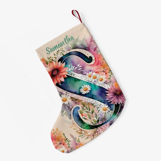 Waterverf Monogram Gepersonaliseerde Bloemen Roos  Kleine Kerstsok (Achterkant (Hangend))