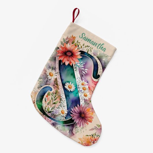 Waterverf Monogram Gepersonaliseerde Bloemen Roos  Kleine Kerstsok (Voorkant (Hangend))