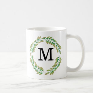 Waterverf Monogram Gold Green Leaves Wreater Koffiemok