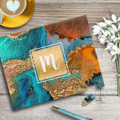 Waterverf-monogram goudturquoise & sinaasappel legpuzzel