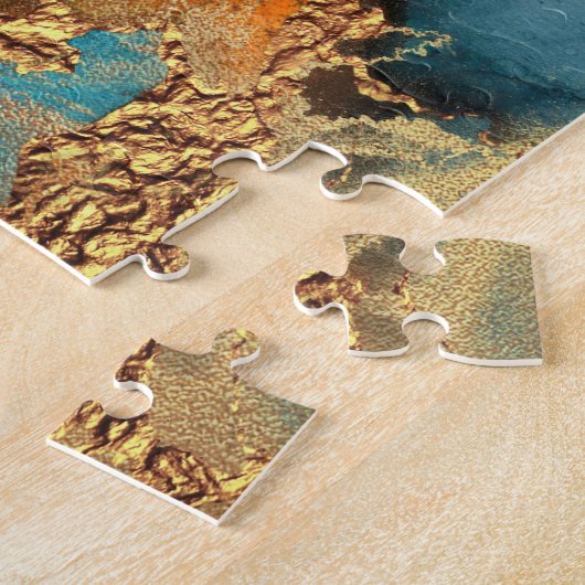 Waterverf-monogram goudturquoise & sinaasappel legpuzzel (Zijkant)