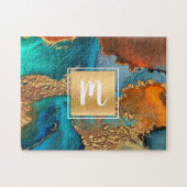 Waterverf-monogram goudturquoise & sinaasappel legpuzzel (Horizontaal)