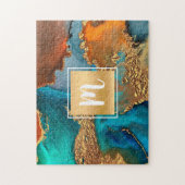 Waterverf-monogram goudturquoise & sinaasappel legpuzzel (Verticaal)