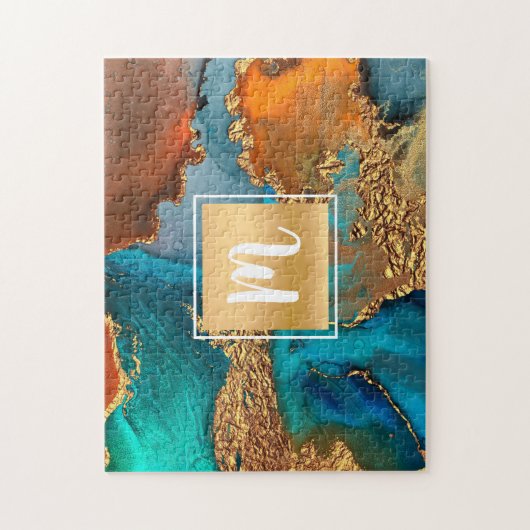 Waterverf-monogram goudturquoise & sinaasappel legpuzzel (Verticaal)