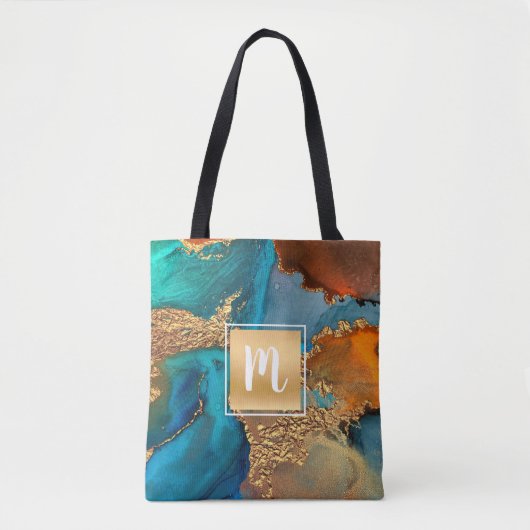 Waterverf-monogram goudturquoise & sinaasappel tote bag (Voorkant)