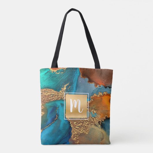 Waterverf-monogram goudturquoise & sinaasappel tote bag (Achterkant)