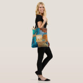 Waterverf-monogram goudturquoise & sinaasappel tote bag (Op model)