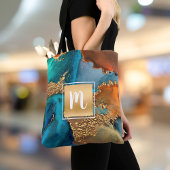 Waterverf-monogram goudturquoise & sinaasappel tote bag