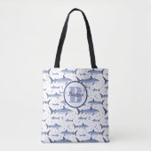Waterverf monogram haaienpatroon met naam wit tote bag (Voorkant)