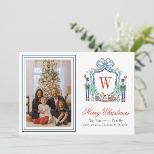 Waterverf Monogram Initiaal Notenkraker Crest Foto Feestdagenkaart (Staand voorkant)