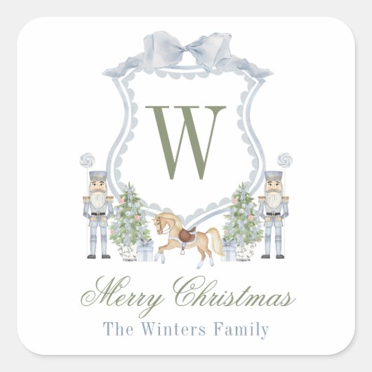 Waterverf Monogram Initiaal Notenkraker Crest Gift Vierkante Sticker (Voorkant)