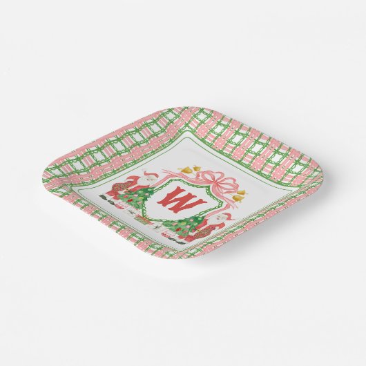 Waterverf Monogram Initiaal Plaid Santa Crest Papieren Bordje (Gebogen)