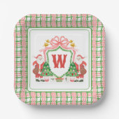 Waterverf Monogram Initiaal Plaid Santa Crest Papieren Bordje (Voorkant)