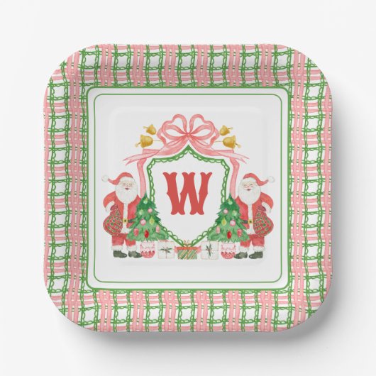 Waterverf Monogram Initiaal Plaid Santa Crest Papieren Bordje (Voorkant)