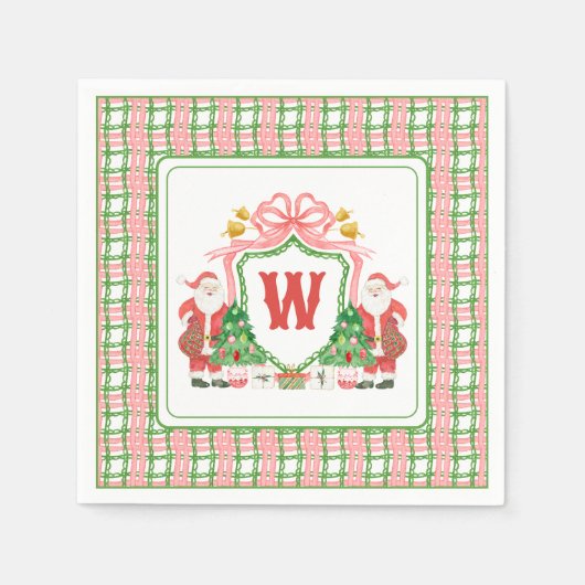Waterverf Monogram Initiaal Plaid Santa Crest Servet (Voorkant)